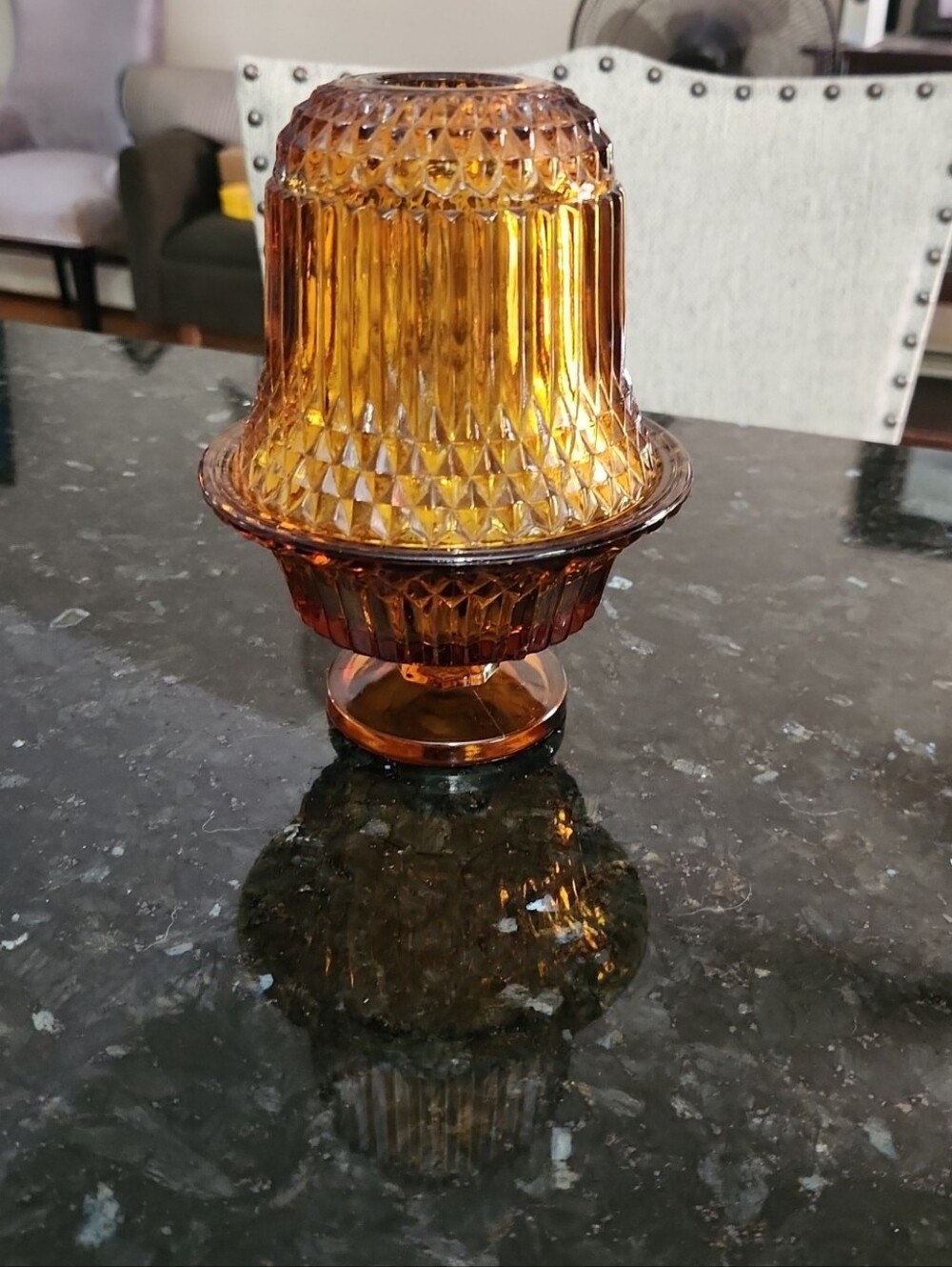 Indiana Glass Amber Diamond Point Fairy Lamp Footed Pedestal MCM